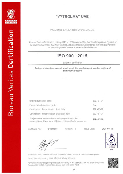 Quality Certificate UAB Vytrolma